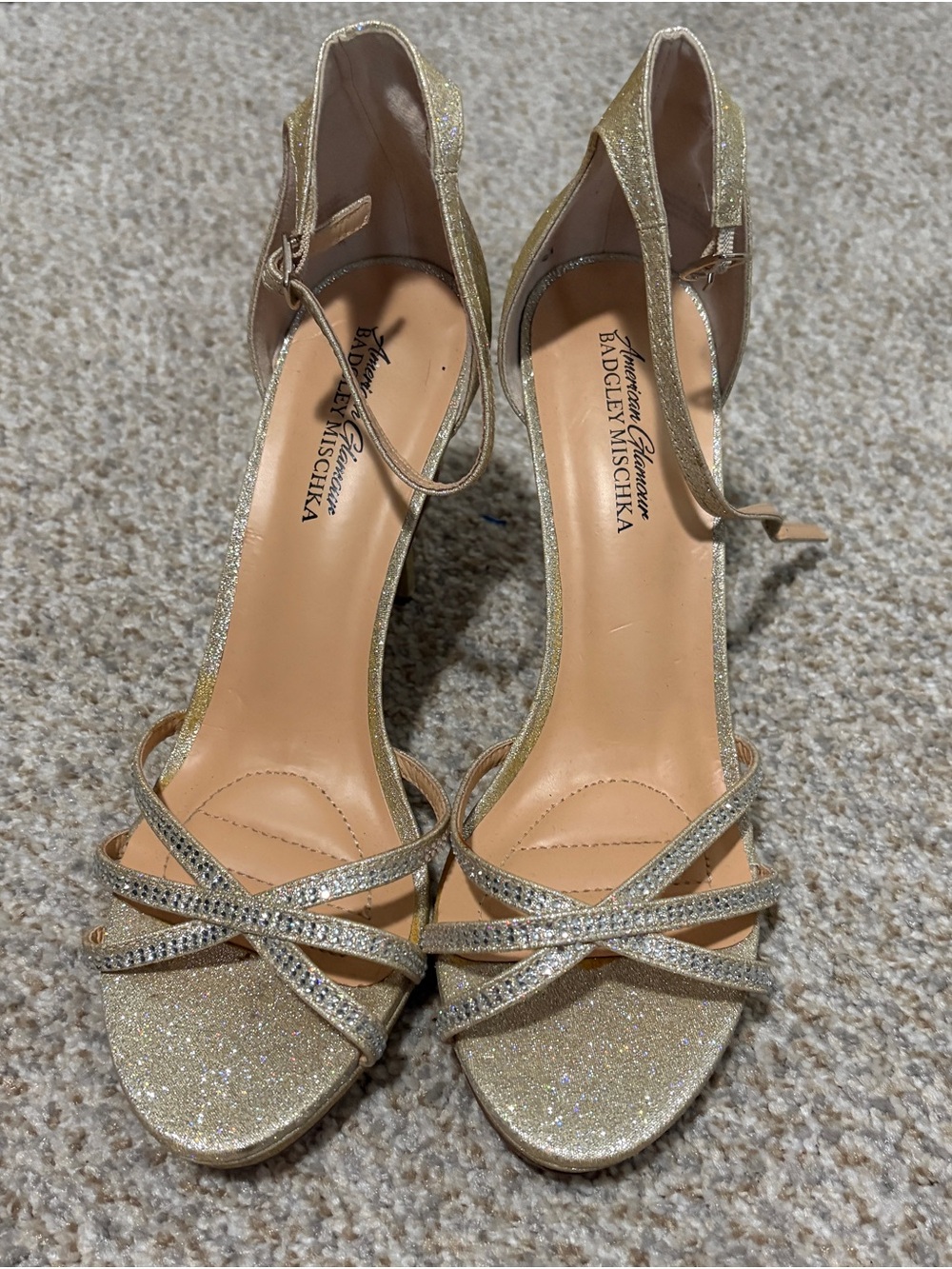 Badgley Mischka Gold Glitter Rhinestone Strappy Heels Size 10